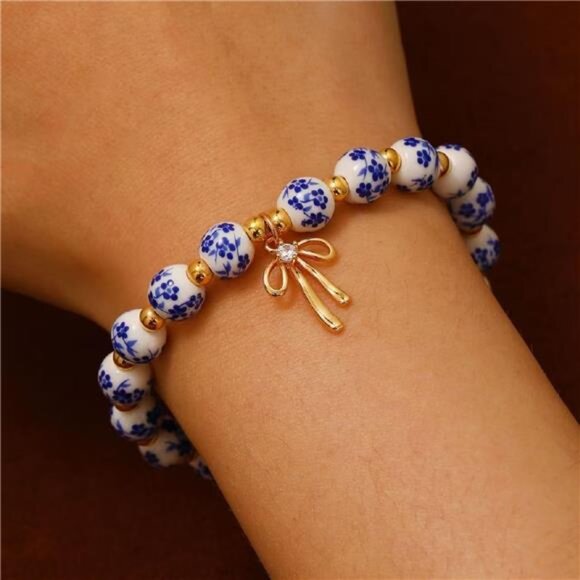 🌸 Set of 2 Floral Ceramic Bead Bracelets | Pink & Blue | Gold Bow Charm Accents - Picture 5 of 6